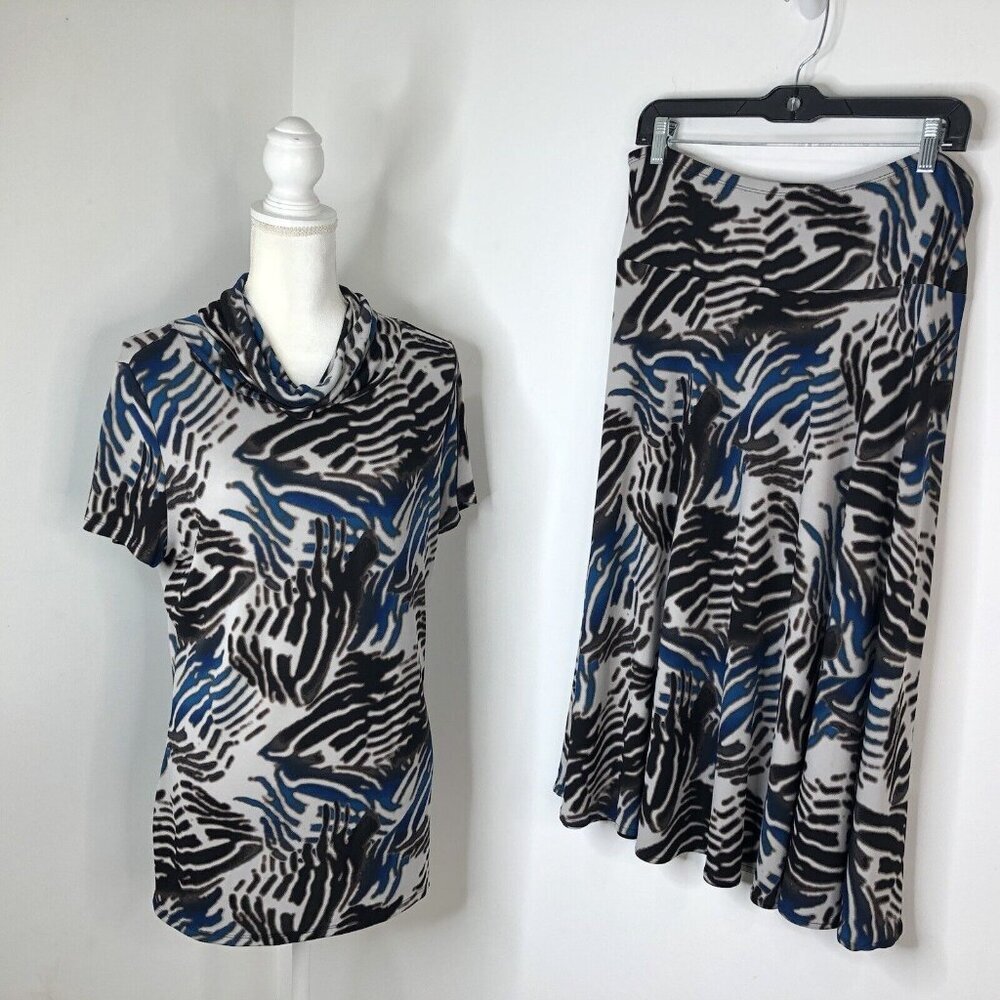 East 5th Women's Blouse Skirt Set Large Waterfall Cowl Neck Animal Print *FLAWS*